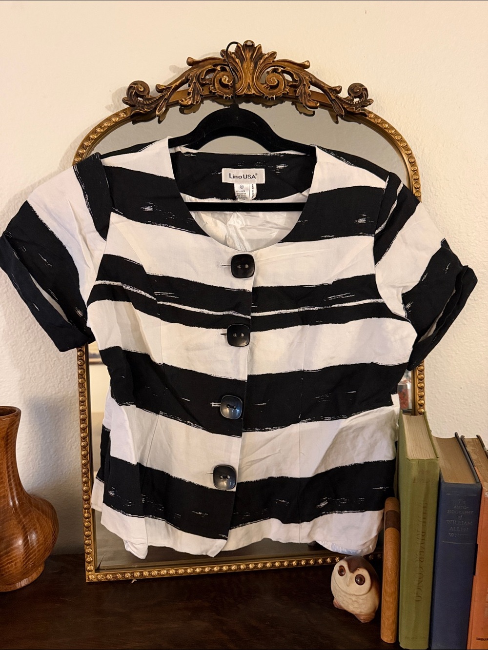 Vintage Lino USA Black & White Striped Button-Front Top w/shoulder pads.